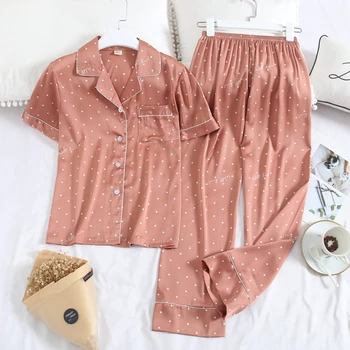 

Summer New Women Pink Pajamas Set Short Sleeve + Pants Pajamas Ice Silk Polka Dot Print Fashion Pyjamas Set Ladies Sleepwear