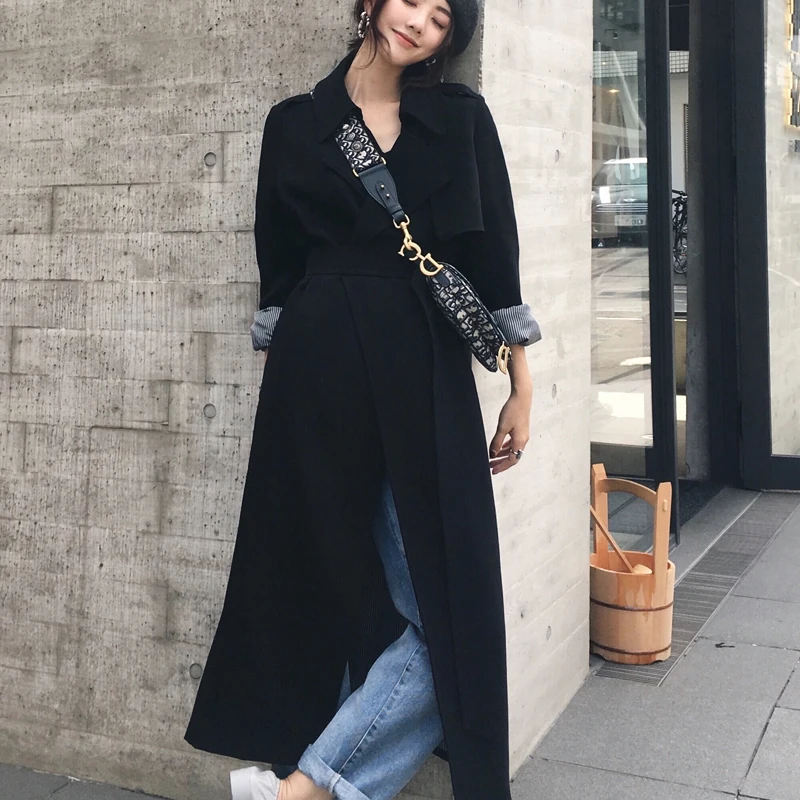 Fall Women Trench Coat Black Simple Loose X-Long Length Turn Down Collar Clothes Full Sleeve Belt Solid Windbreaker YL462