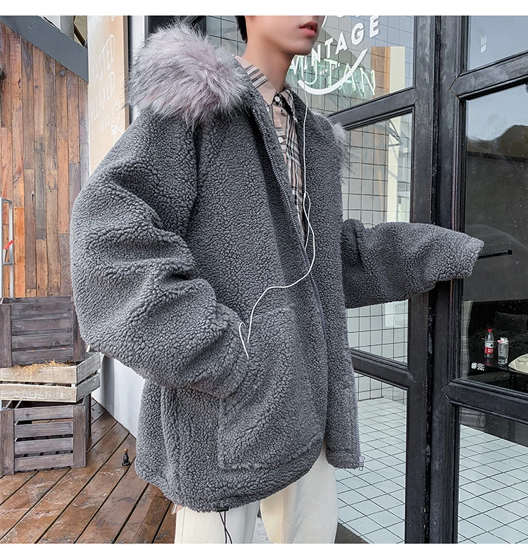 Winter Lamb Hair Jacket Men Warm Thick Parka Men Fashion Solid Color Fur Collar Hooded Coat Man Streetwear Loose Cotton Clothes