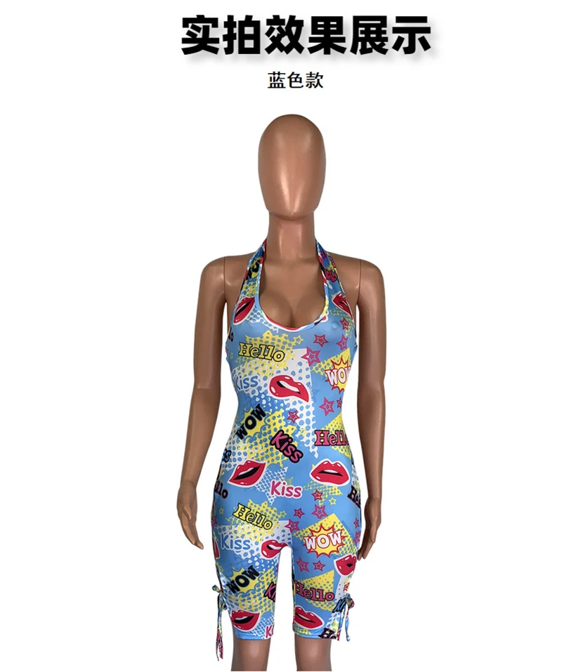 Adogirl Plus Size S-3XL Fashion Print Jumpsuit Lace Up Sexy Deep V Neck Halter Backless Shorts Romper Summer Casual Playsuit