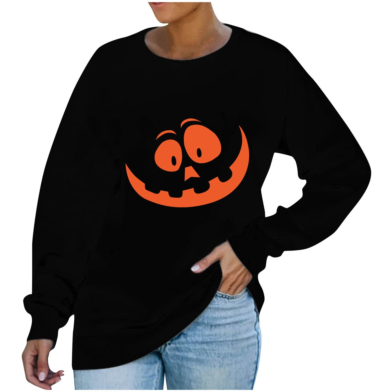 Halloween Pumpkin Print Tops for Women Lady O-Neck Long Sleeve Shirts Casual Loose Blouses