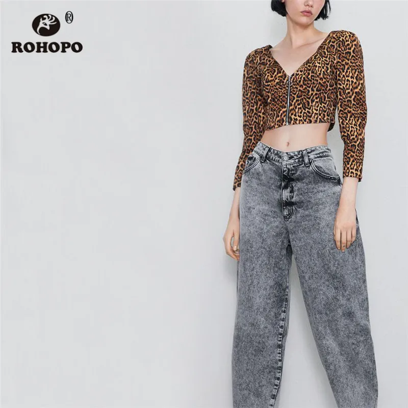 

ROHOPO Tiger Pattern Long Sleeve Zipper Fly Crop Top Tees Square Collar Animal Printed Chic Ladies Short Tops Tee Shirt #2289