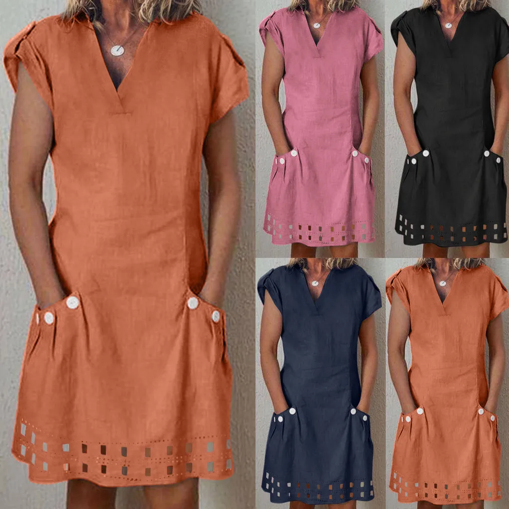 

Feitong Women Casual V-Neck Mini Dress Ladies Solid Color Ruffled Pockets Shift Daily Buttoned-decor Summer Dresses Mujer 2020