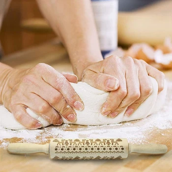 

Christmas Wooden Rolling Pins,Engraved Embossing Rolling Pin with Christmas Deer Pattern for Baking Embossed Cookies,Rolling Pin