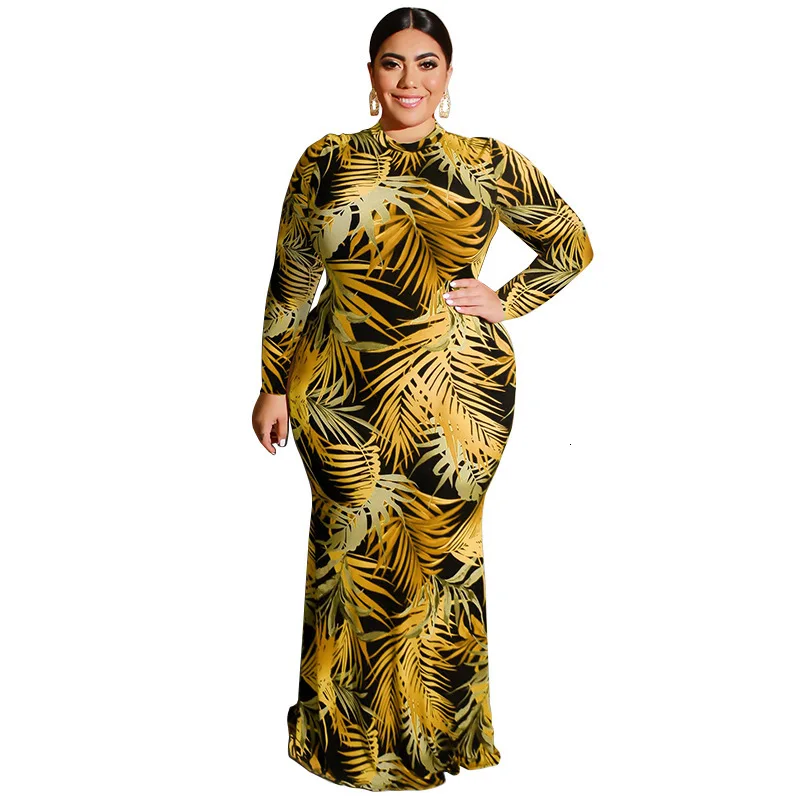 yellow Длинное платье макси размера плюс 4xl 5xl с принтом в виде листьев, женское винтажное элегантное платье с длинным рукавом на осень и зиму, Boho платья, Robe Femme Vestido - Цвет: yellow