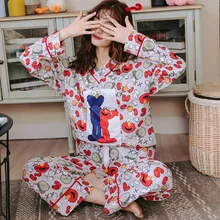 BZEL/хлопковая Уютная пижама большого размера, пижамные комплекты, мультяшная Женская домашняя одежда с v-образным вырезом, женское нижнее белье с длинными рукавами, длинные штаны, пижама