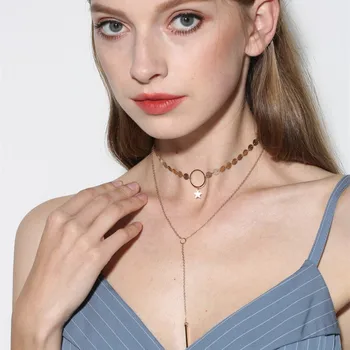 

fashion cross-border jewelry contracted the van pentagonal star pendant necklace double sequins necklace sautoir