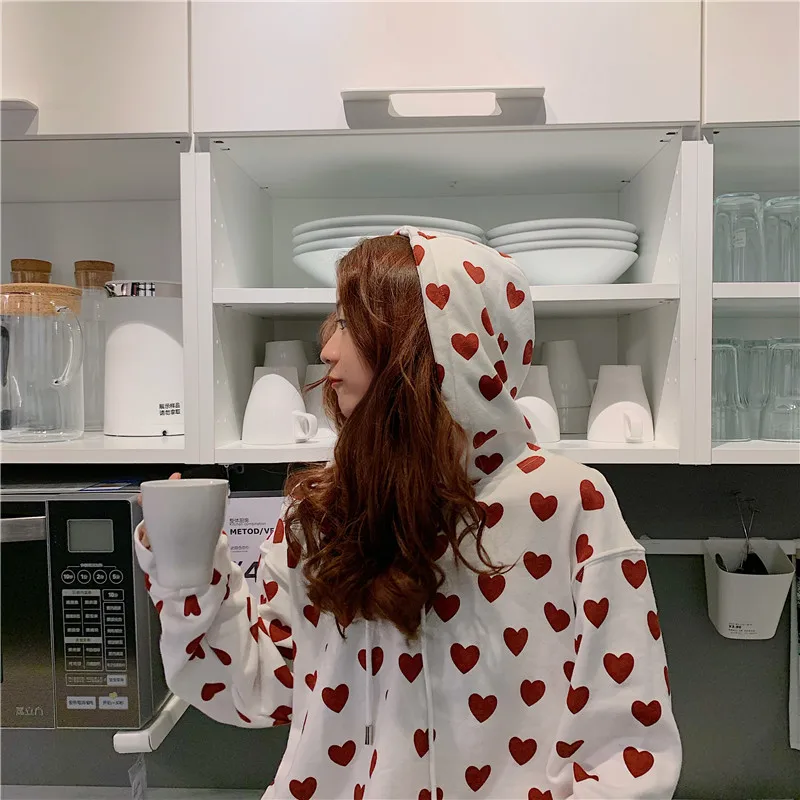 Толстовка с принтом в виде сердца для женщин Kawaii Толстовка Harajuku одежда пуловер с капюшоном корейского размера плюс хлопок Повседневная Уличная одежда Топ W112