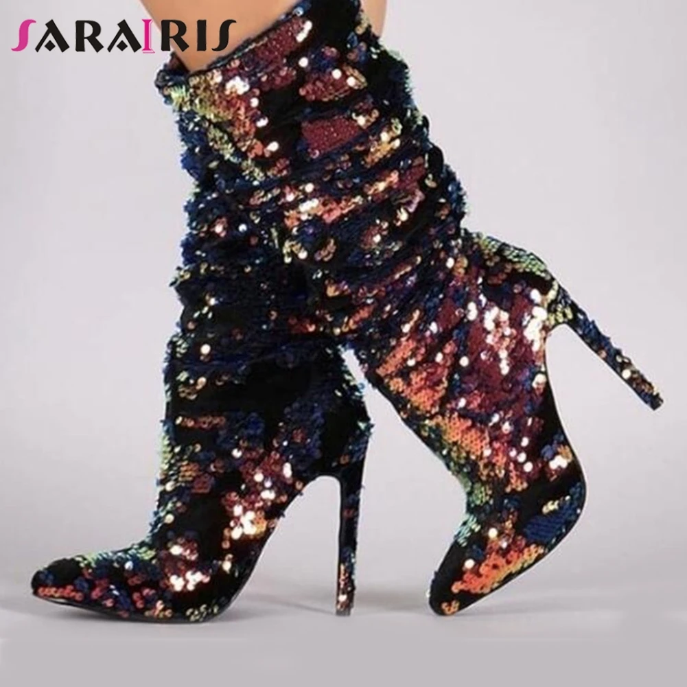 

SARAIRIS Cool High Heels Evening mid-calf Boots Pointed Toe Boots Women 2020 New Ins Spring Party Shining Bling Shoes Woman