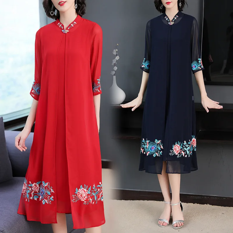 

2019 Spring And Summer Ethnic-Style Embroidered Middle-aged Women Dress Loose-Fit Wedding Banquet 40-60-Year-Old Vest Dress + To
