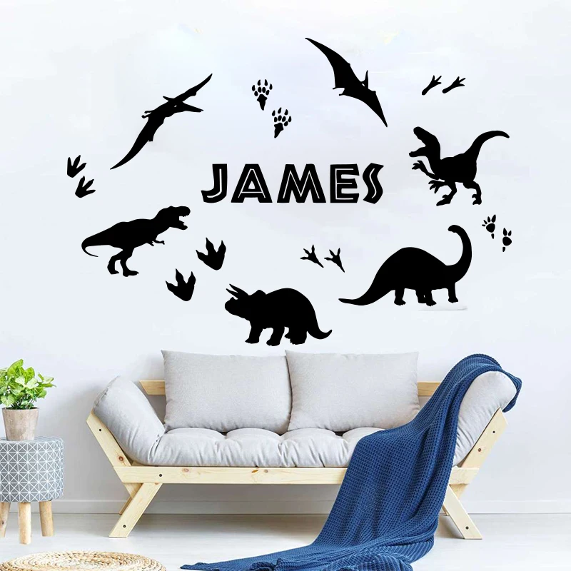 

Custom Name T-Rex Dinosaur Animal Wall Sticker Nursery Kids Room Park World Dino Personalized Name Footprint Wall Decal