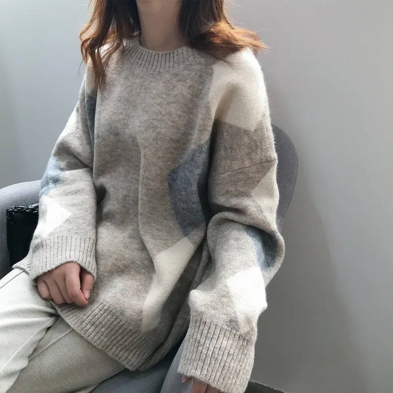 New sweater women autumn and winter Korean version of the sleeve sweater loose lazy wind diamond pattern women sweater top New sweater women autumn and winter Korean version of the sleeve sweater loose lazy wind diamond pattern women sweater top