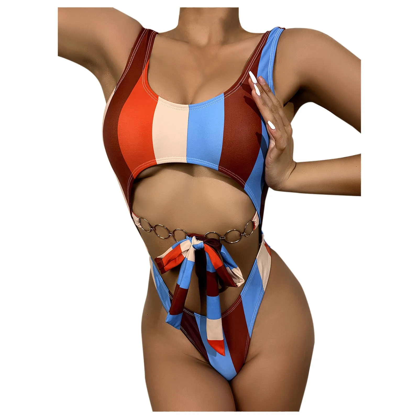 Женский пикантный пляжный слитный купальник в Вертикальную Полоску с принтом 2021