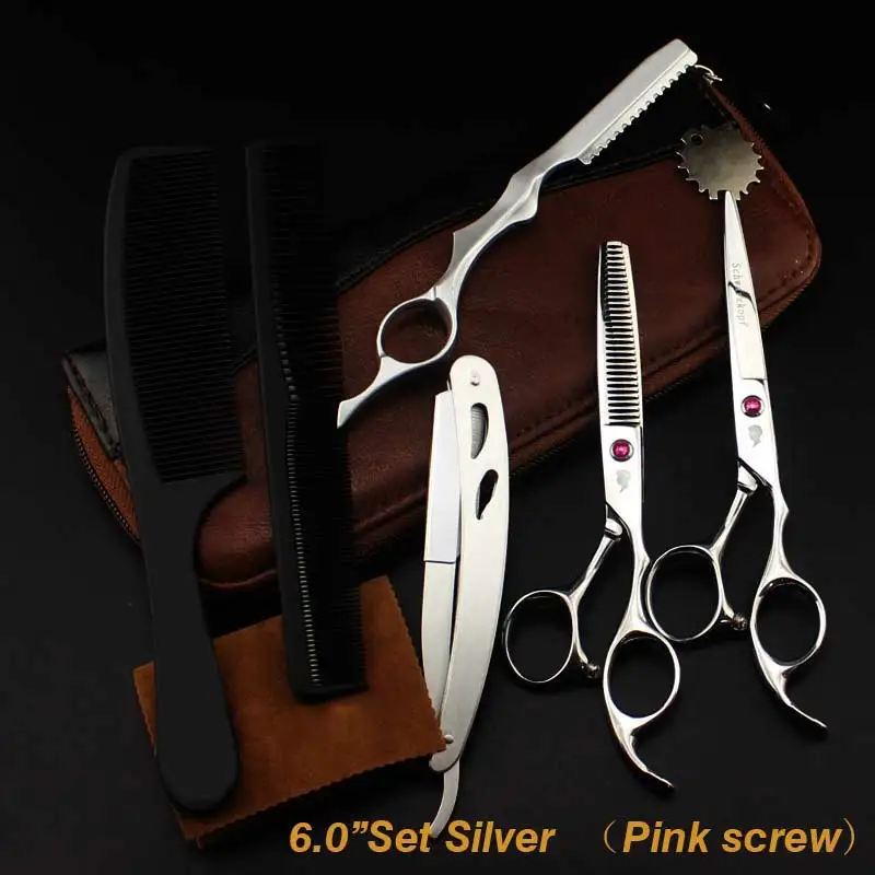 Silver-Pink Set2 Новые Профессиональные Парикмахерские ножницы для стрижки волос, набор парикмахерских ножниц, высококачественные парикмахерские ножницы, 6,0 дюймов, разные цвета - Цвет: Silver-Pink Set2