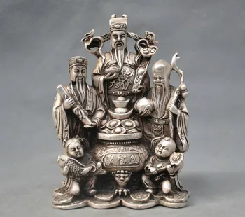 

China Silver Bronze Fu Shou 3 Star Mammon Boy Fish Statue