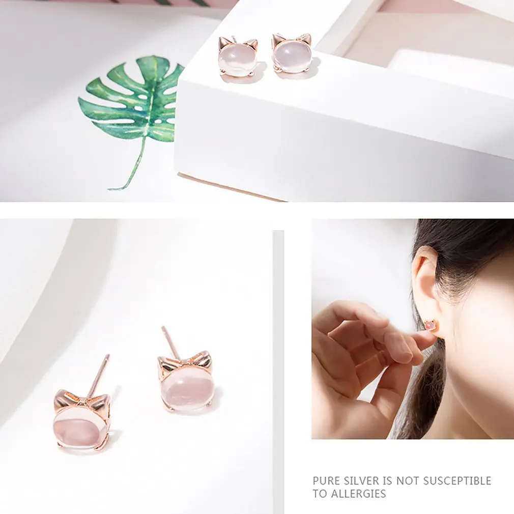 Pink Crystal Cute Cat Earrings Creative Hypoallergenic Earrings Jewelry Birthday Gift For Women