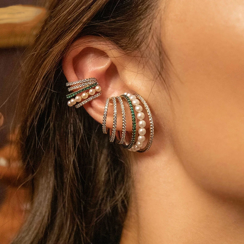

Bohemian Multilayer Cubic Zirconia Imitation Pearls Gold Color Ear Cuff Clip Earring without Piercing 1pc Trendy Earcuff Jewelry