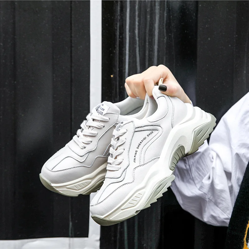 

Dad Trendy Shoes Women's Sports Thick Bottomed Dad Shoes Women's Fleece Lining Black Athletic Shoes Genuine Leather Casual Cotto