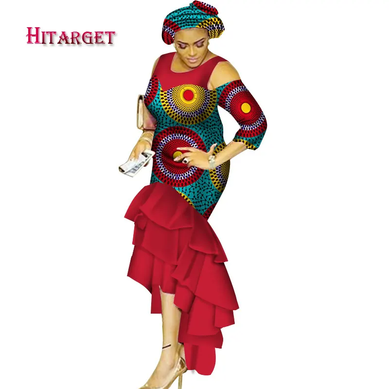 Hitarget 2018 африканские платья для женщин с круглым вырезом Дашики женская одежда хлопок Африканский принт многослойное длинное платье