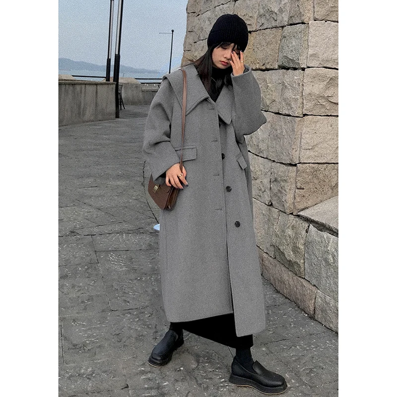 Корейская версия, свободное новое осенне-зимнее костюмное шерстяное пальто средней длины с темно-синим воротником, Женское пальто