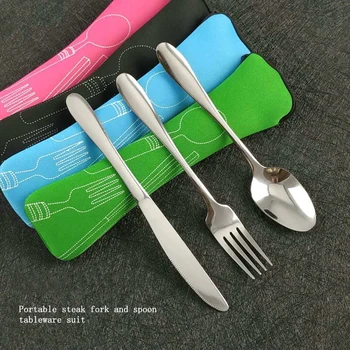 

3 Pcs/Set Portable Stainless Steel Flatware Set Fork Spoon Cutter With Cute Case Outdoor BBQ Picnic Camping Hiking Climbing