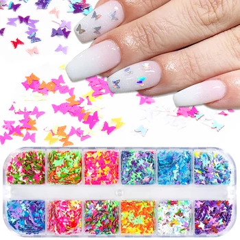 

12Grid/Set 3D Holographic Laser Butterfly Nails Sequins Glitter Sparkly Flake Mixed Color Shiny Slice Nail Art Decor Tips JI1627
