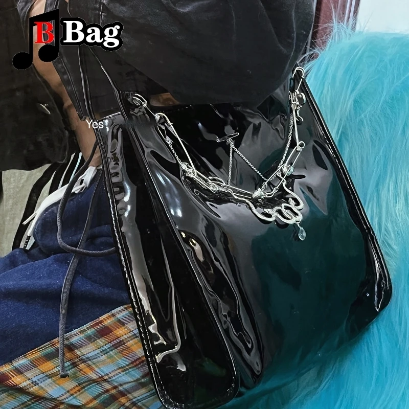 バッグ y2k archive patent lether shoulder bag Women Y2K Bright Black Patent Leather Single Shoulder Bags