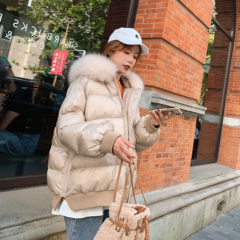 

2019 New Style WOMEN'S Dress Fur Collar Cotton-padded Clothes Thick Cotton Coat Winter Hooded Zipper Short Warm Slimming Cotton-