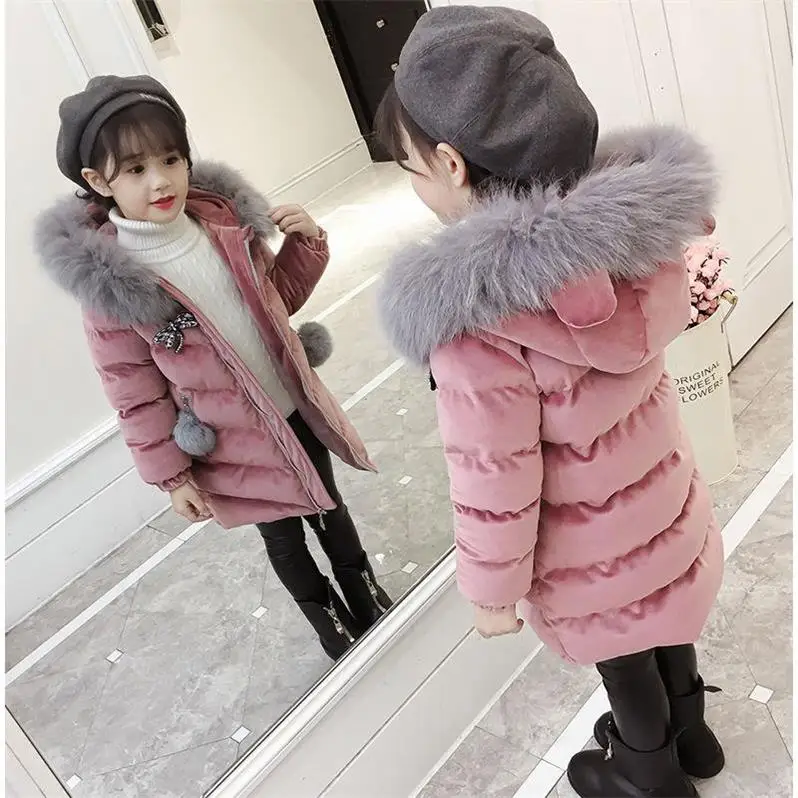 Детская одежда зимняя меховая куртка для девочек 12 лет, теплое плотное пальто с капюшоном и хлопковой подкладкой - Цвет: Розовый