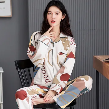 

Pajamas Women Spring Autumn Long Sleeve Cardigan Casual Home Wear Winter Fruit Print Patchwork Korean Girl Suit Pijama Navidad