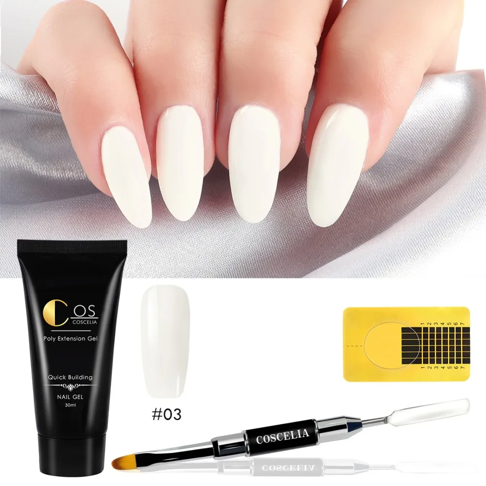 COSCELIA 4 шт./компл. поли удлинитель гель Наборы Nail Art французский ногтей прозрачный розовый белый Цвета накладные ногти с украшением в виде кристаллов УФ-гель ломтик Кисть для ногтей