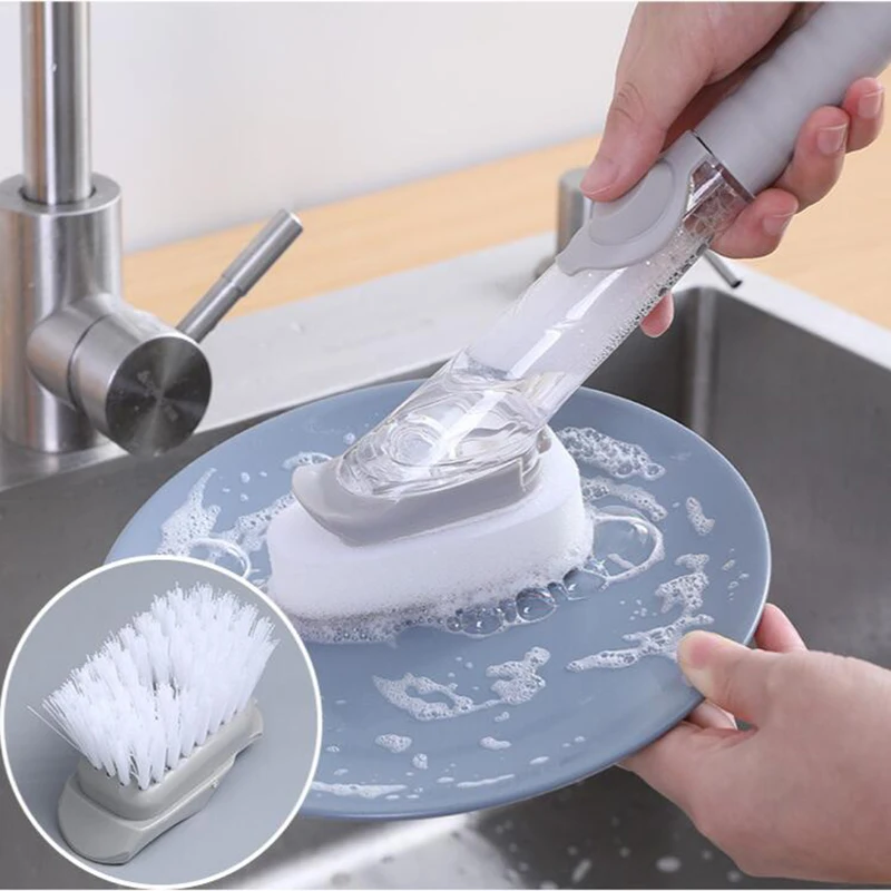

Dishwashing Device Kitchen Cleaning Brush 2 Brush Head 2 Sponge Automatic Plus Detergent Brush Long Handle Hydraulic Wash Pot