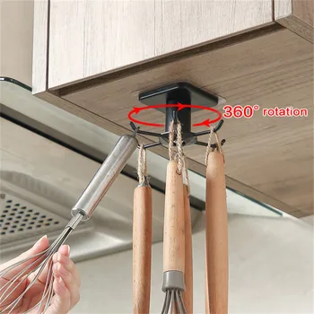 

360° Rotating Utensil Hook Kitchen Bathroom Hanger Wall Dish Drying Rack Cabinet Save Space Organizer Hook Up Storage Shelf