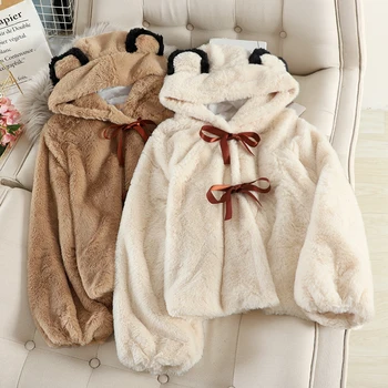 

HELIAR Women Cute Style Cashmere Coat Girl Teddy Bear Hooded Velvet Jacket For Women Warm Female Winter Warm Kawaii Coat Femme
