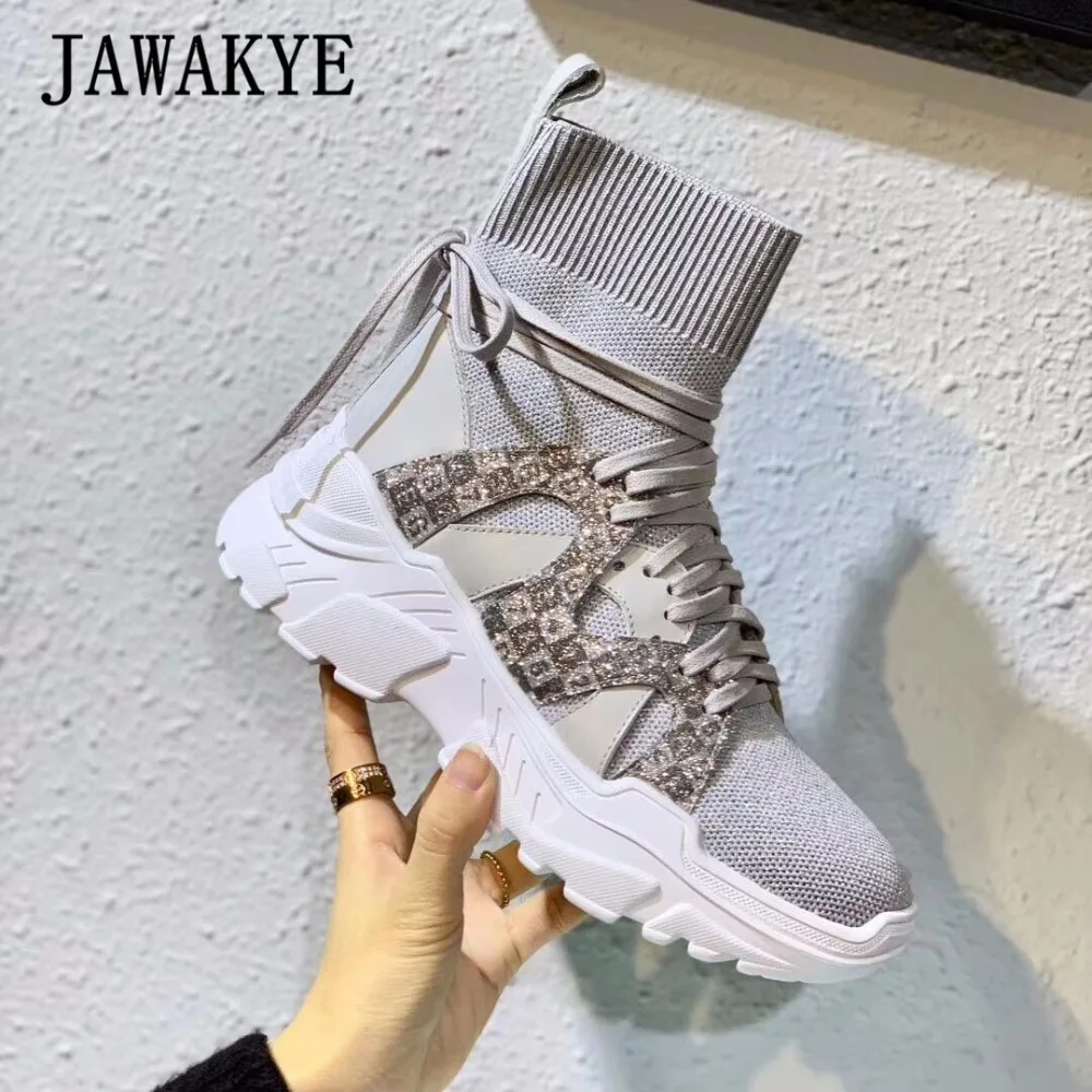 JAWAKYE/вязаные носки на шнуровке; ботильоны; женская обувь на эластичной платформе; сезон осень; Цвет черный, бежевый; женские повседневные короткие ботинки; botas mujer