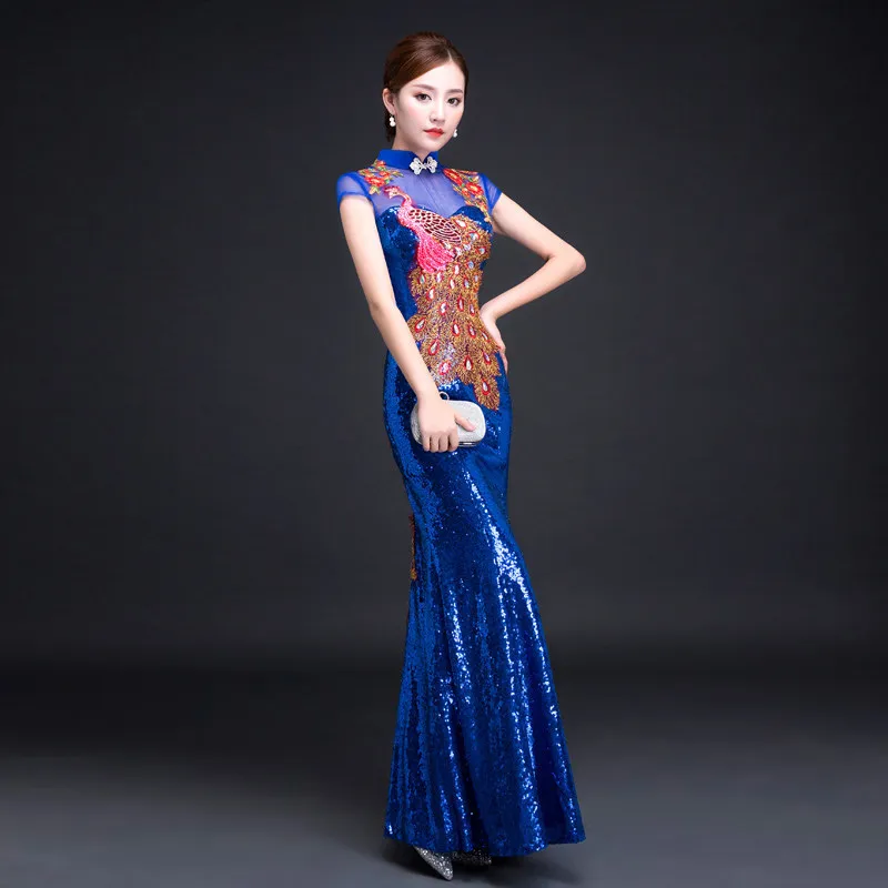 Royal blue Павлин Вышивка блёстки китайский стиль Длинные Cheongsam сексуальные тонкие вечерние платья сценическая танцевальная одежда Qipao Vestidos - Цвет: Royal blue