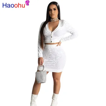 

Elegant Velvet Sexy Two Piece Skirt Set Women V-Neck Long Sleeve Buttons Crop Top and Bandage Mini Skirts Solid Club Outfits