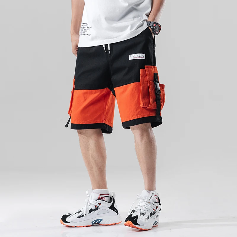 

Streetwear Summer Casual Shorts Men Fashion Ribbons Pockets Cargo Shorts Bermuda Knee Length Patchwork Men's Shorts