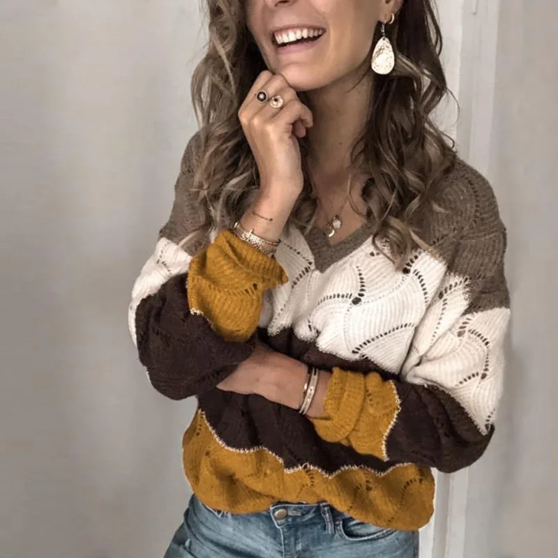 Elsvios, Осенний женский свитер с длинным рукавом, зимний теплый пуловер с круглым вырезом, топы, повседневный вязаный свитер в стиле пэчворк, джемпер, Pull Femme 3XL - Color: 02 Ginger Yellow