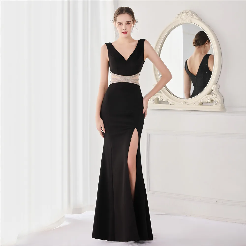 

Black Evening Dresses Robe De Soiree Side Split Formal Dress Vestido De Festa Sexy V-veck Satin Crystals Mermaid Evening Dress