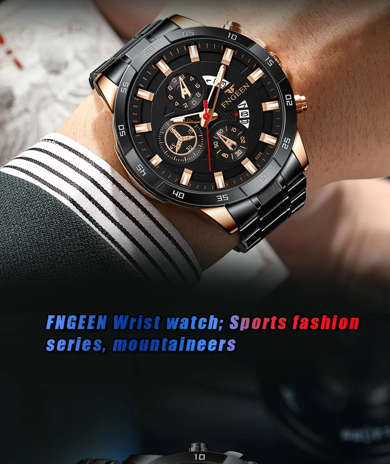 FNGEEN New Fashion Mens Watches Blue Stainless Steel Top Brand Luxury Sports Waterproof Quartz Watch Men Relogio Masculino