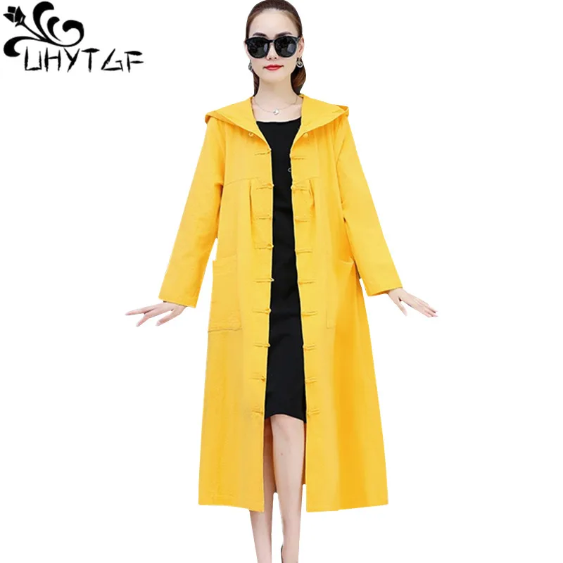 

UHYTGF Fashion Long Windbreaker Women Vintage Cotton Linen Spring Autumn Trench Coat Korean Casual Thin 3XL Big Size Coats 1089