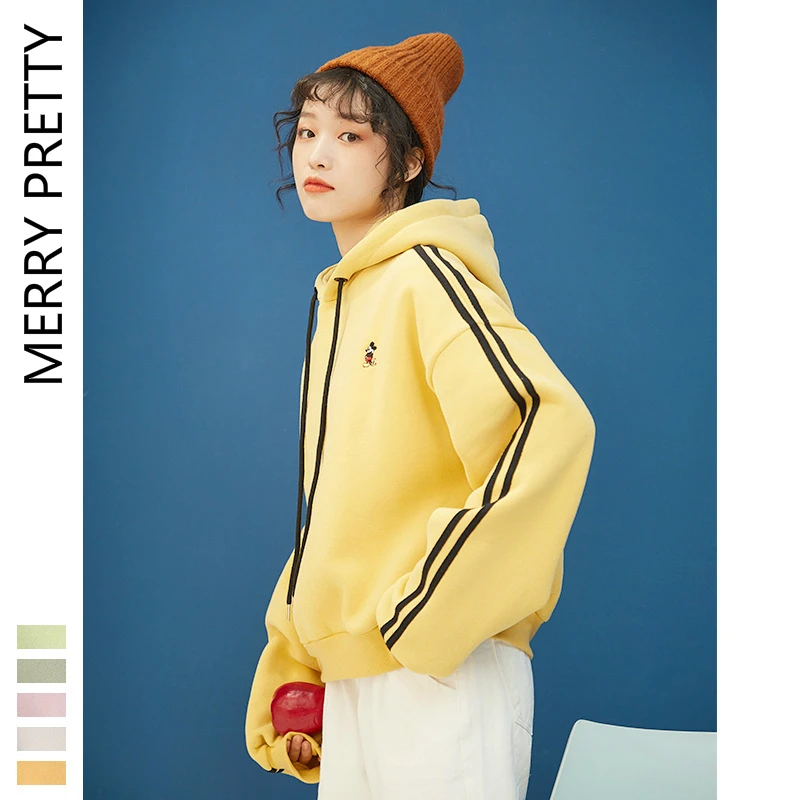 Merry Pretty для женщин Harajuku вышивка Полосатый толстовки кофты зима плюс бархат Femme пуловер с капюшоном свободный спортивный костюм