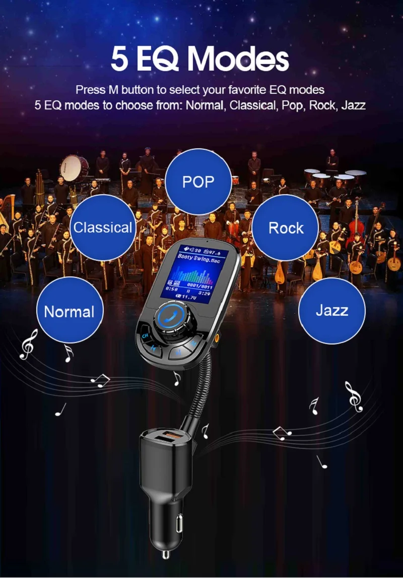 Konrisa Bluetooth 5,0 fm-передатчик Aux Выход 5EQ музыкальный плеер двойной USB QC3.0 быстрое зарядное устройство Handsfree автомобильный комплект радио адаптер