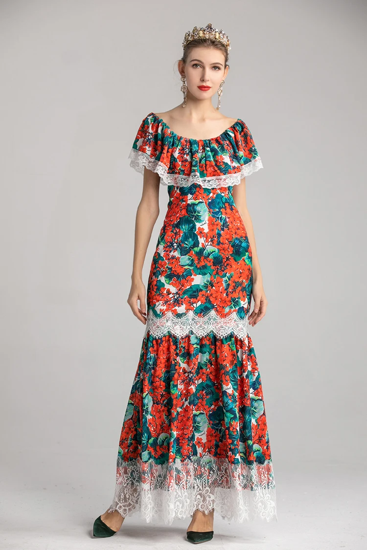 VERDEJULIAY Vintage Maxi Dress Spring Summer Fashion XXL Cloak Slash Red Flower Print Bodycon Lace Patchwork Long Dress