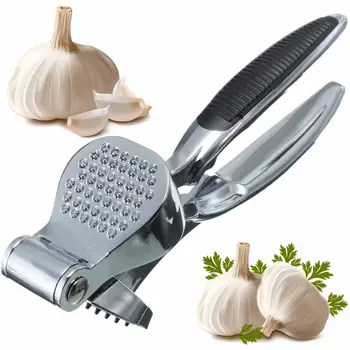 

HKMLZinc Alloy Heavy Garlic Press Crusher Slicer Tool Non-slip Grip Silver 18x6cm Easy self cleaning Fruit Vegetable Tool