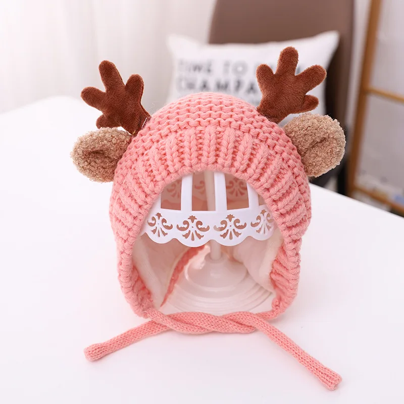 Cute Deer Elk Antlers Baby Hat Winter Warm Plush Knitted Ear Warmer Children Hat Bonnet Boys Girls Cap Beanie Christmas Hats