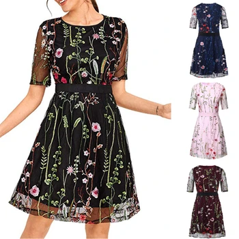 

Sexy Women Floral Embroidery Dress Sheer Mesh Summer Boho Mini A-line Elegant See-through Female Dress 2020 Vestidos De Festa
