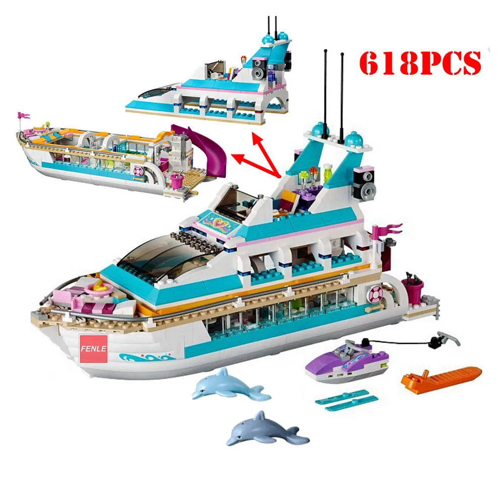 

Compatible with legoeinglys Friends Girls Dolphin Cruiser Large Yacht Club Cruise Vessel Ship Building Blocks Brick Child Toys