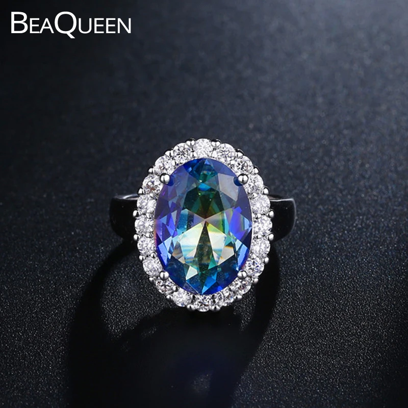 BeaQueen Mystic Big Oval Cubic Zirconia Crystal Stone Rainbow Wedding Ring Women Multicolor Sweet Jewellery For Party R039|Обручальные